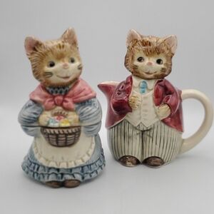 Vintage OTAGIRI Mr. & Mrs. Whiskers Cream & Sugar Server Set Anthropomorphic Cat